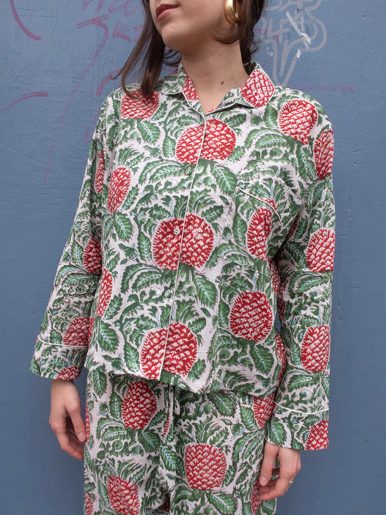Pyjamas Blockprint - Green with Red Pineapple
