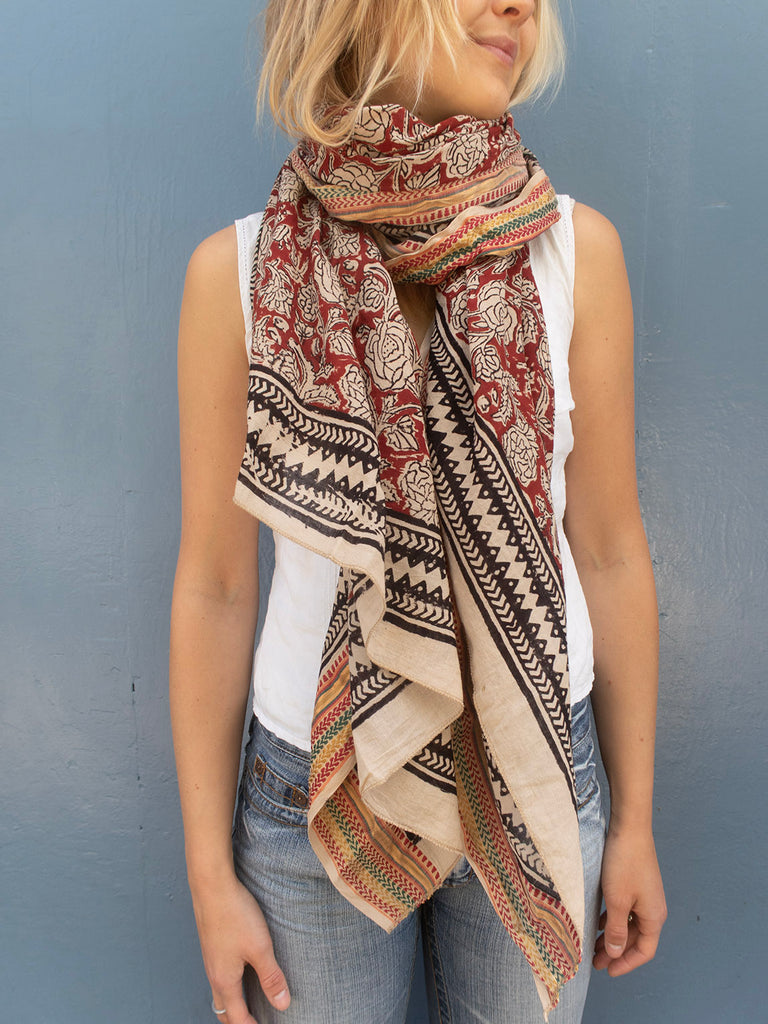 Bagru Scarf - Red with Flower 05