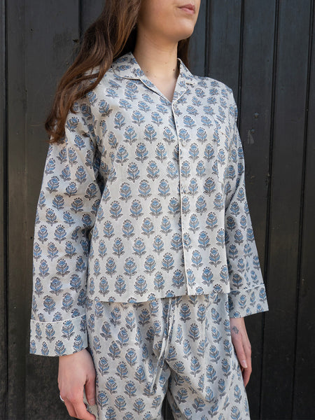 Pyjamas Blockprint - Grey Blue Flower