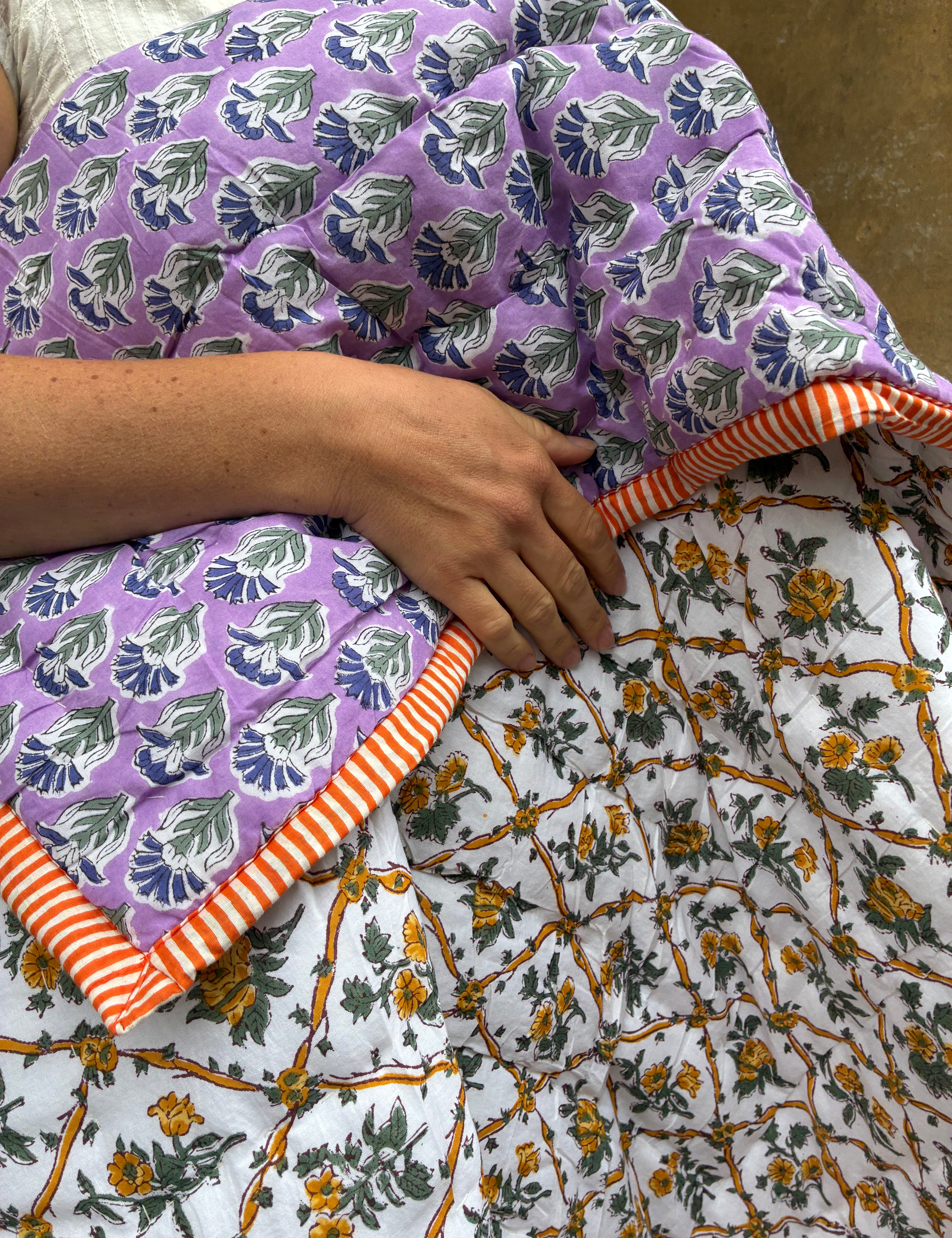 Quilted baby blanket - Yellow Flower / Purple