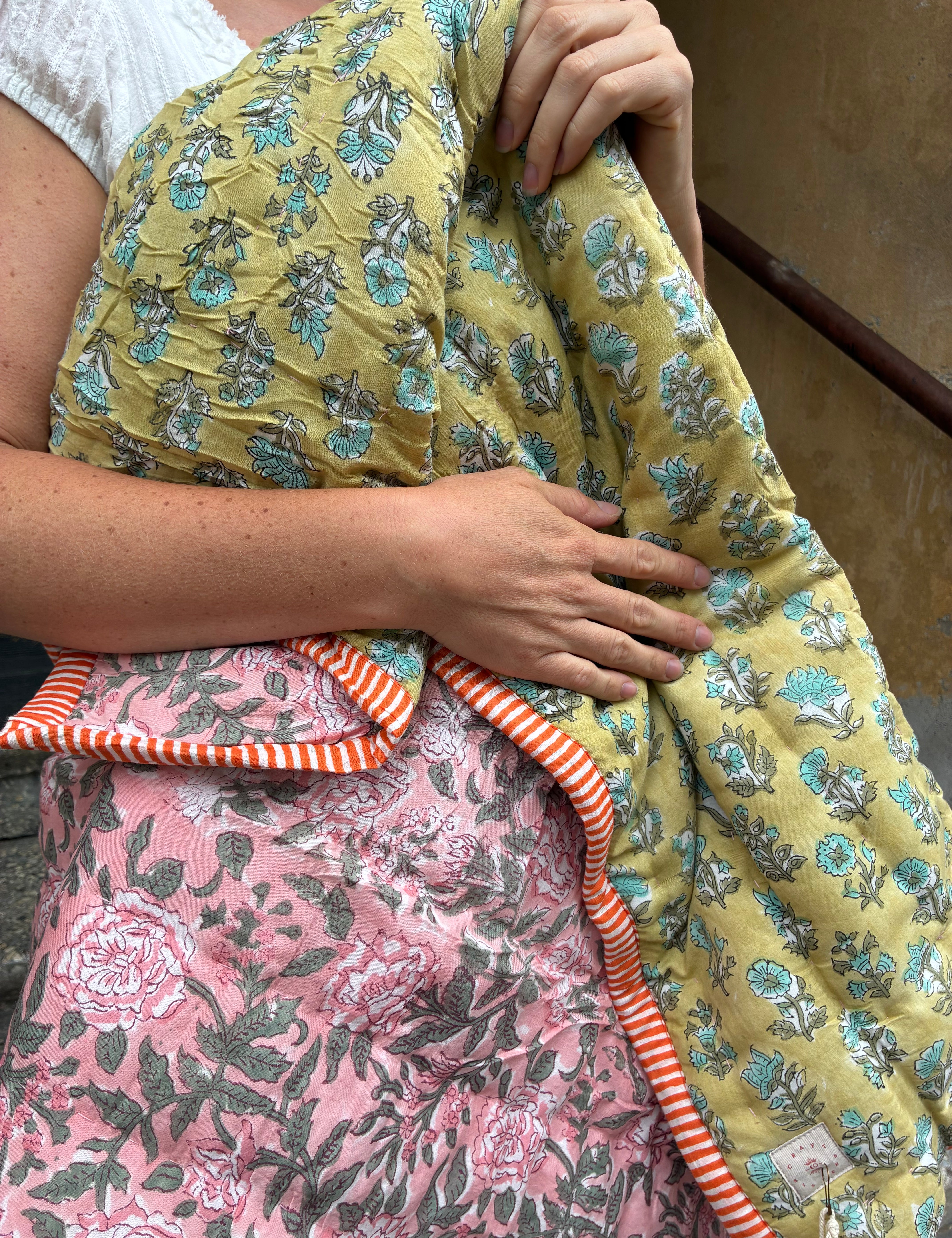 Quilted Baby Blanket - Olive / Light Pink