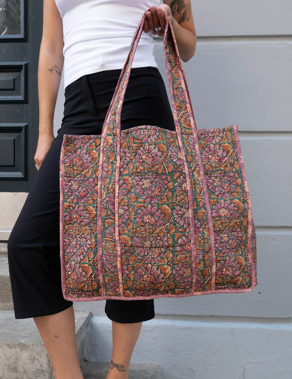 Tove Tote - Quilted Blockprint - Dark Green