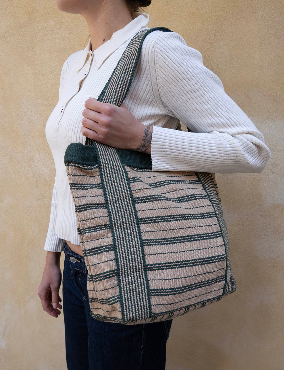 Nepal Stripe Bag - Beige/Dark Green