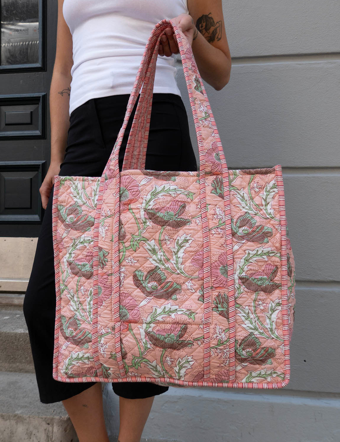Tove Tote - Quilted Blockprint - Peach