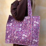Tove Tote - Quilted Blockprint - Purple with White Flower