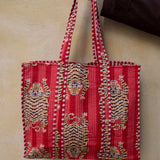 Tove Tote - Quilted Blockprint - Red with Tiger