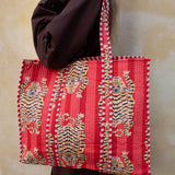Tove Tote - Quilted Blockprint - Red with Tiger