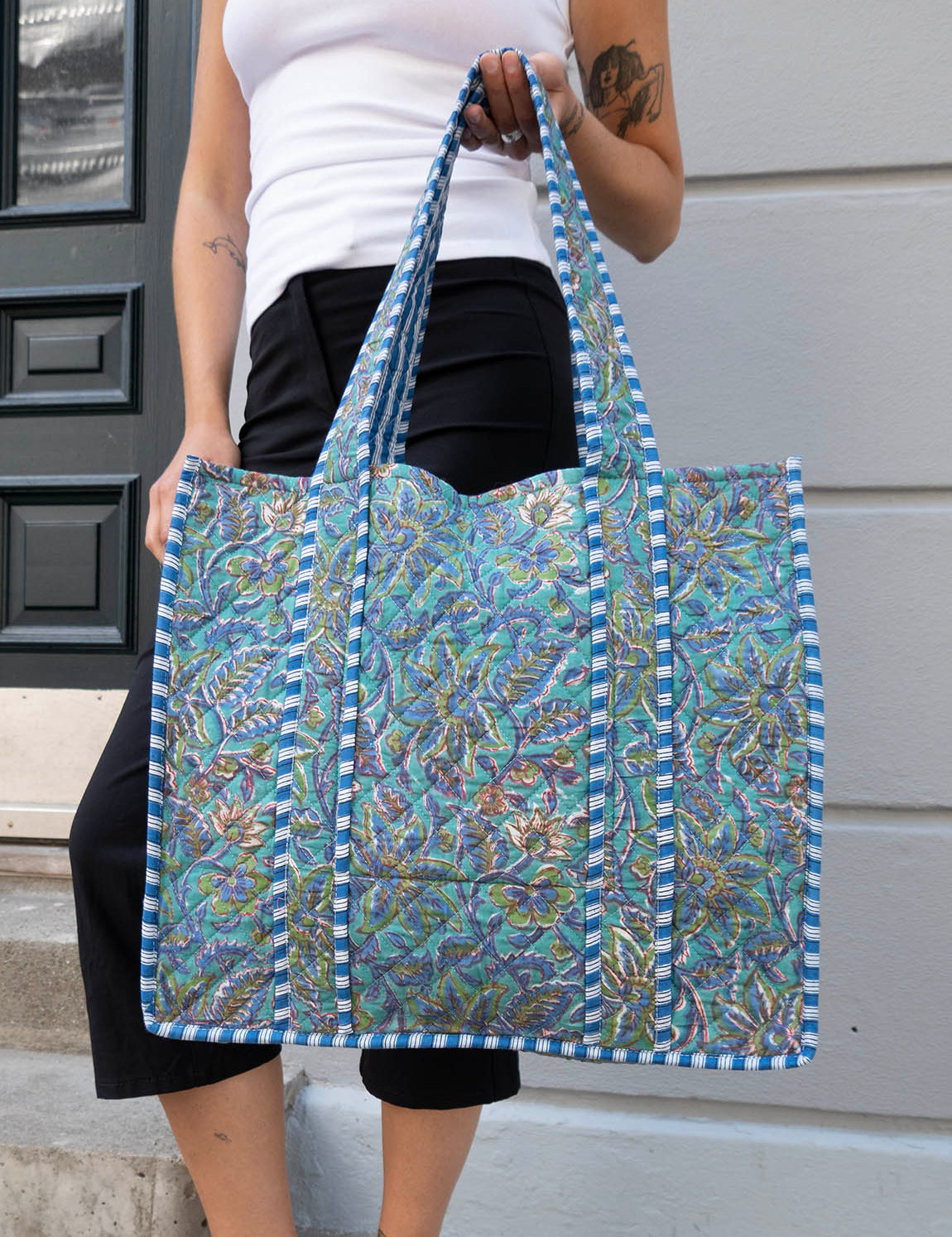 Tove Tote - Quilted Blockprint - Turquoise Green