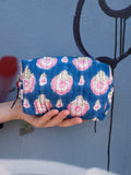 Pouch Blockprint S - Blue with Pink Flower