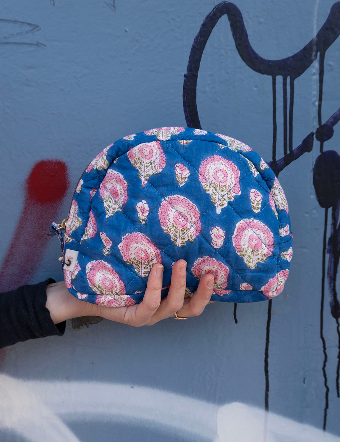 Moon Pouch Blockprint M - Blue with Pink Flower