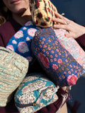Pouch Blockprint S - Blue with Pink Flower