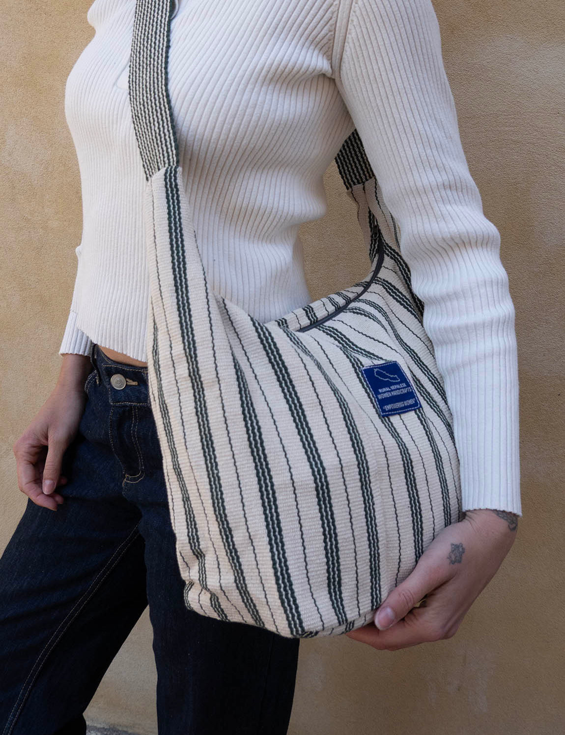 Nepal Stripe Crossbody Bag - White/Dark Green