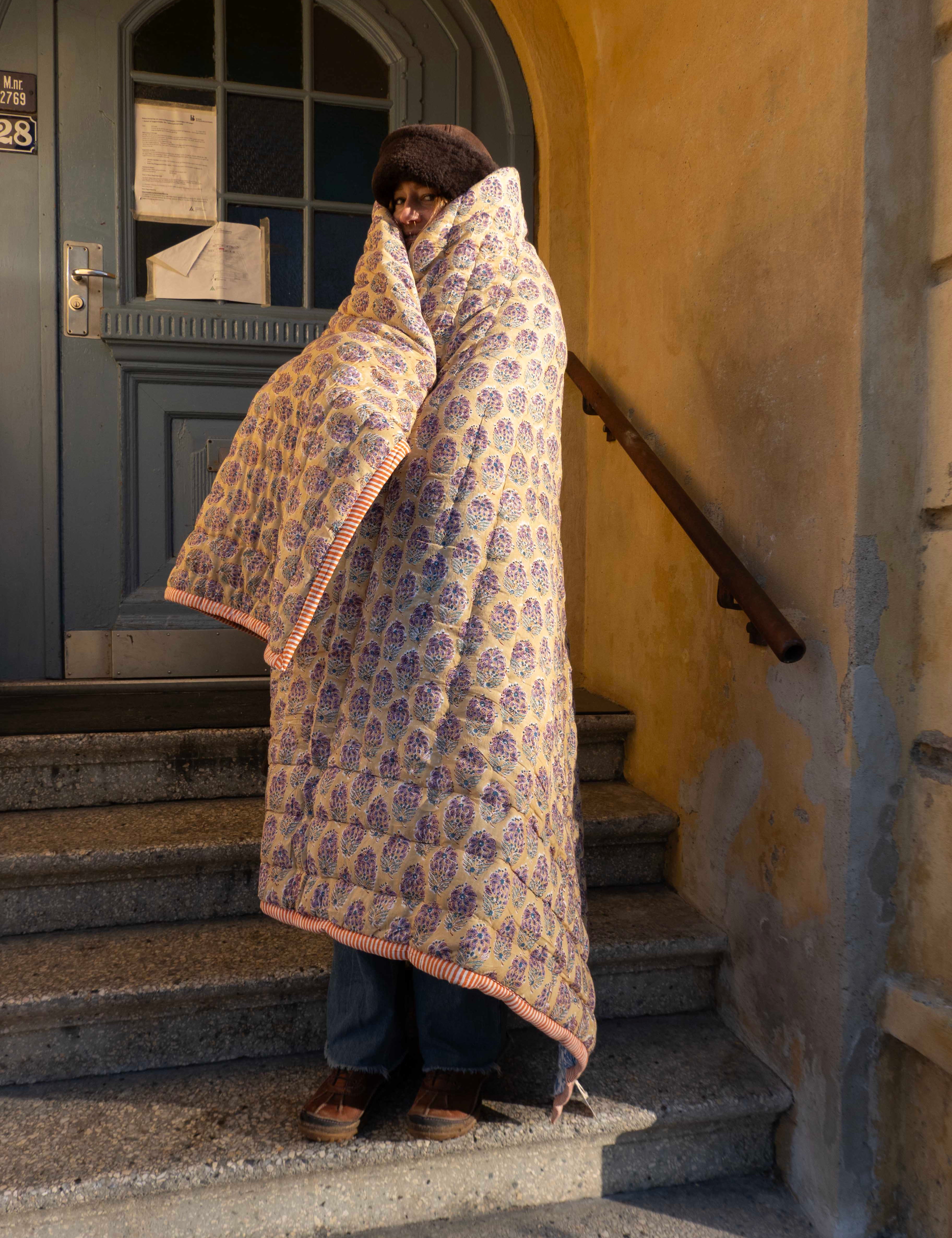 Quilted Blanket - Mustard / Porcelain