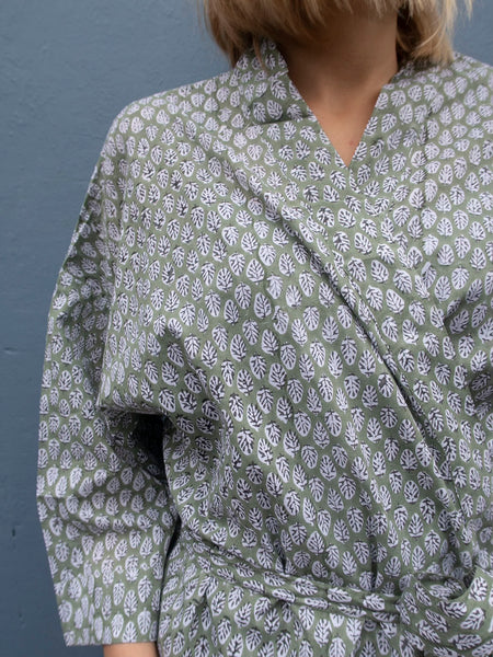 Kimono Blockprint Green Leaves